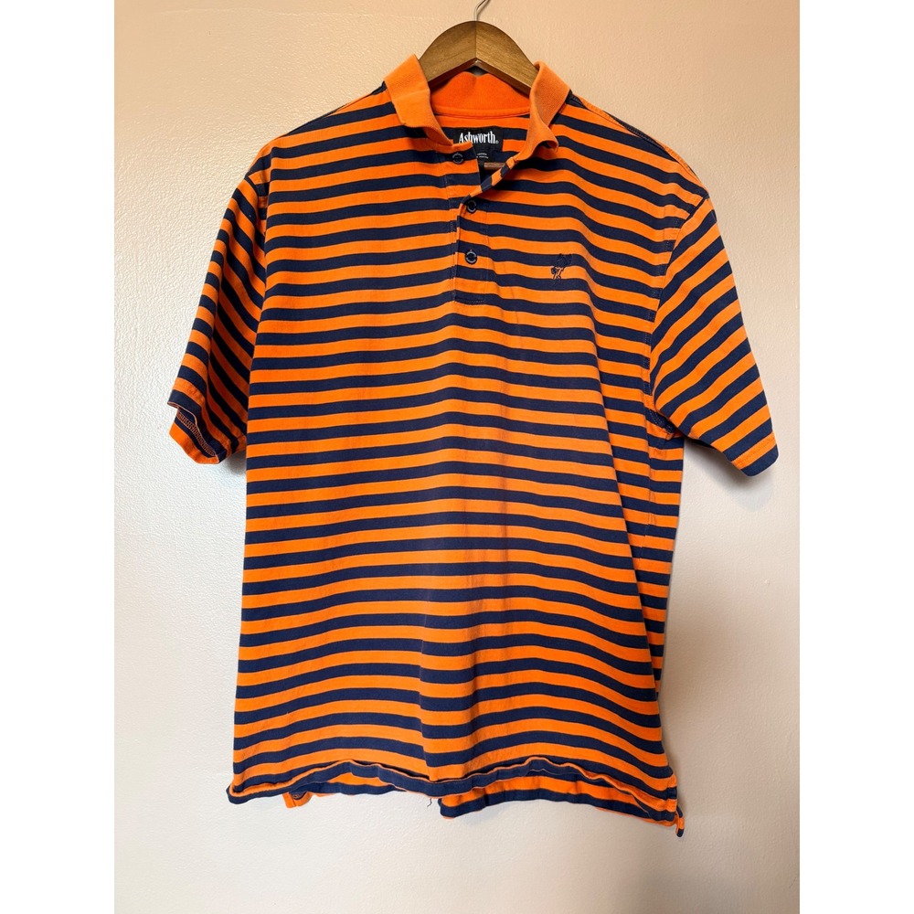 Ashworth Men's Medium Orange Navy Striped Polo Shirt 100% Cotton Golf Classic M